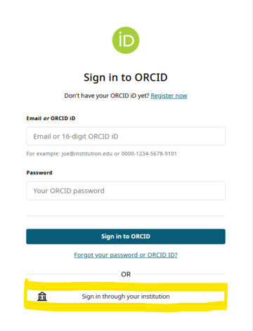 ORCID sign in window with the 'Sign in via your institution' highlighted
